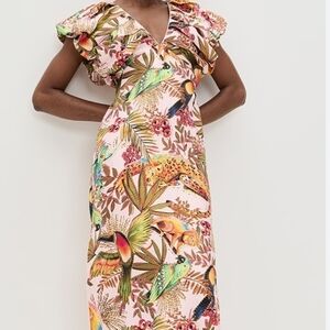 Farm Rio Maxi Dress Pink Tropical Bird Leopard Ruffle Sleeve V Neck M